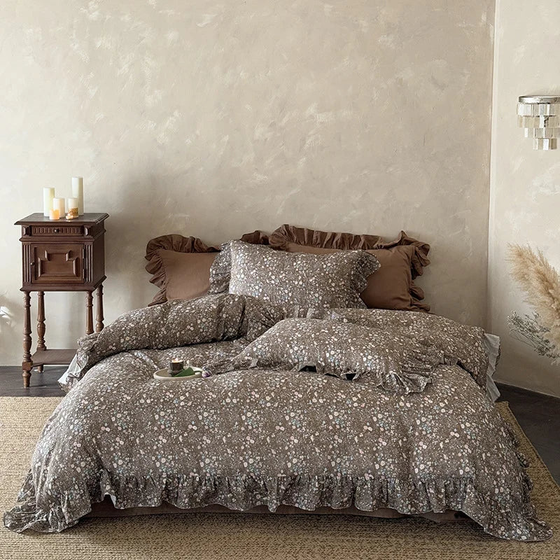 Duvet Cover Set Quilted Ruffle Trim Floral Print