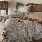 Duvet Cover Set Quilted Ruffle Trim Floral Print