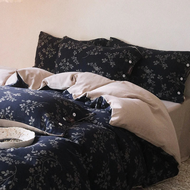 Duvet Cover Set Reversible Floral Linen-Cotton Button Closures
