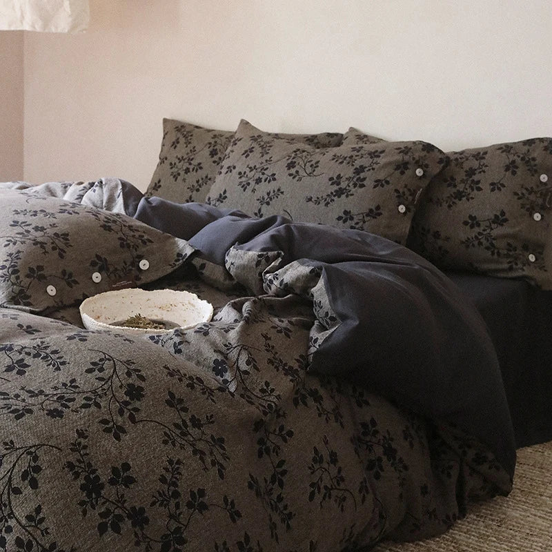 Duvet Cover Set Reversible Floral Linen-Cotton Button Closures