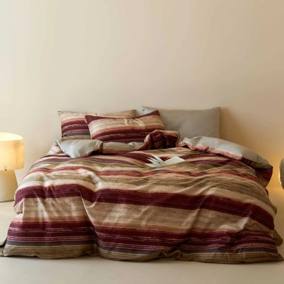 Duvet Cover Set Reversible Floral Stripe Cotton Blend 4-Piece