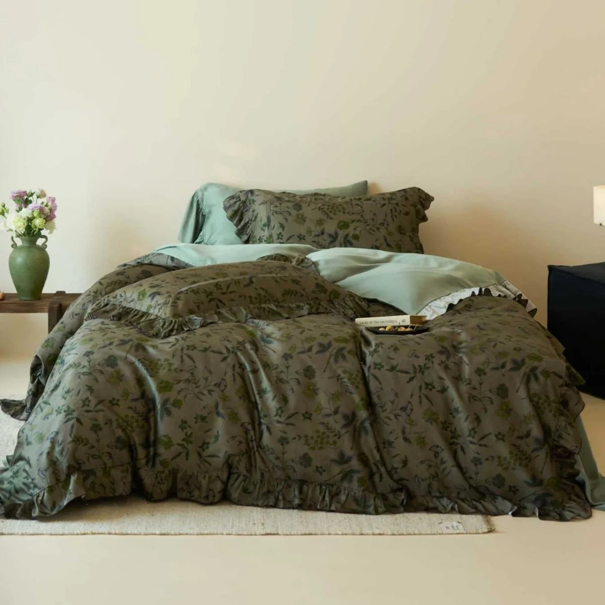 Duvet Cover Set Reversible Floral Stripe Cotton Blend 4-Piece