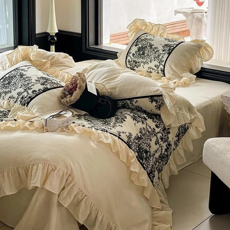 Duvet Cover Set Reversible Toile Ruffled Fine Cotton Satin