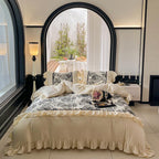 Duvet Cover Set Reversible Toile Ruffled Fine Cotton Satin