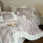 Duvet Cover Set Ruffled Lace Stripes Cotton Blend 4-Piece
