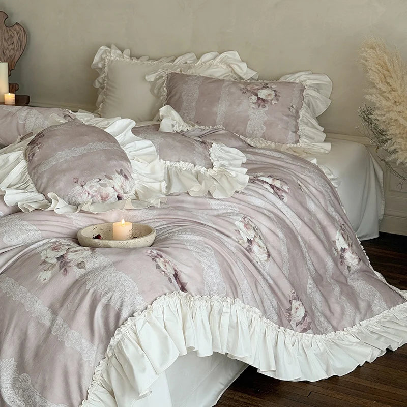 Duvet Cover Set Ruffled Lace Stripes Cotton Blend 4-Piece