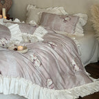 Duvet Cover Set Ruffled Lace Stripes Cotton Blend 4-Piece