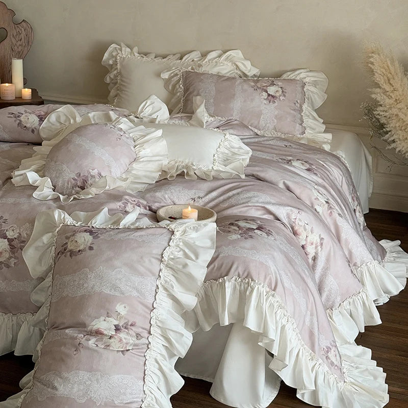 Duvet Cover Set Ruffled Lace Stripes Cotton Blend 4-Piece