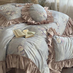 Duvet Cover Set Ruffled Lace Stripes Cotton Blend 4-Piece