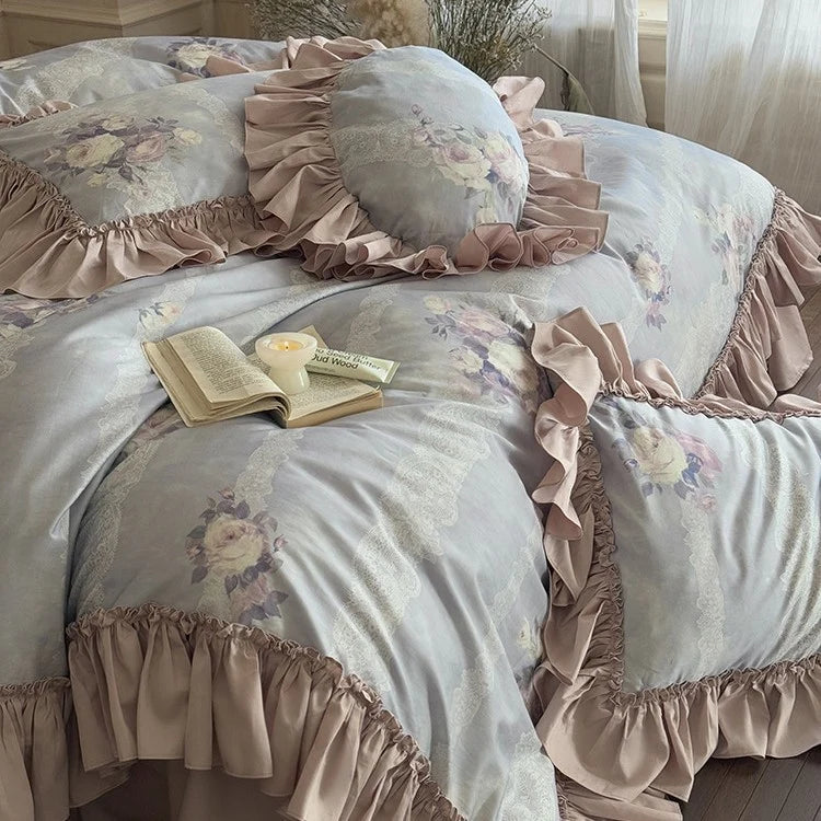 Duvet Cover Set Ruffled Lace Stripes Cotton Blend 4-Piece