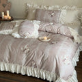 Duvet Cover Set Ruffled Lace Stripes Cotton Blend 4-Piece