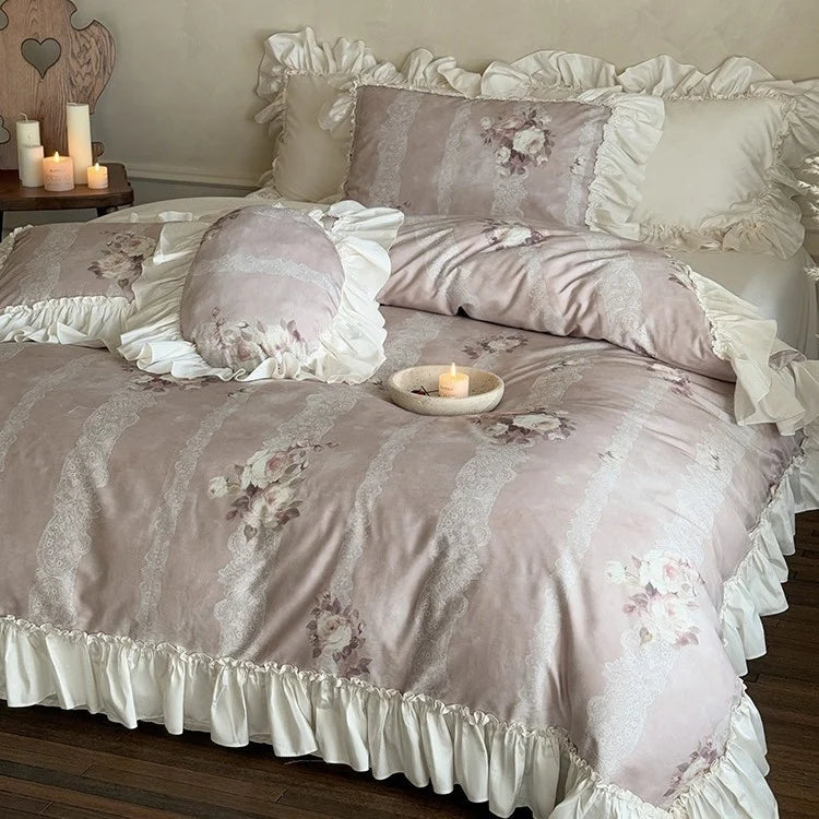Duvet Cover Set Ruffled Lace Stripes Cotton Blend 4-Piece