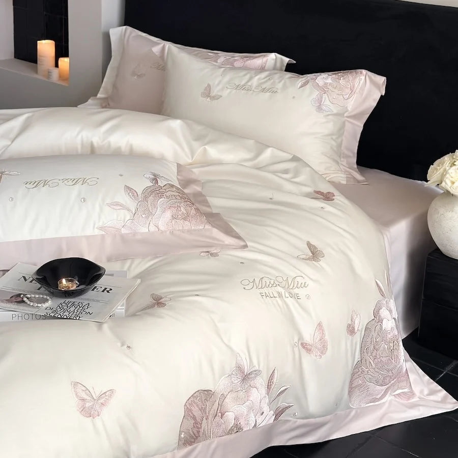 Duvet Cover Set Satin Embroidered Rose & Butterfly