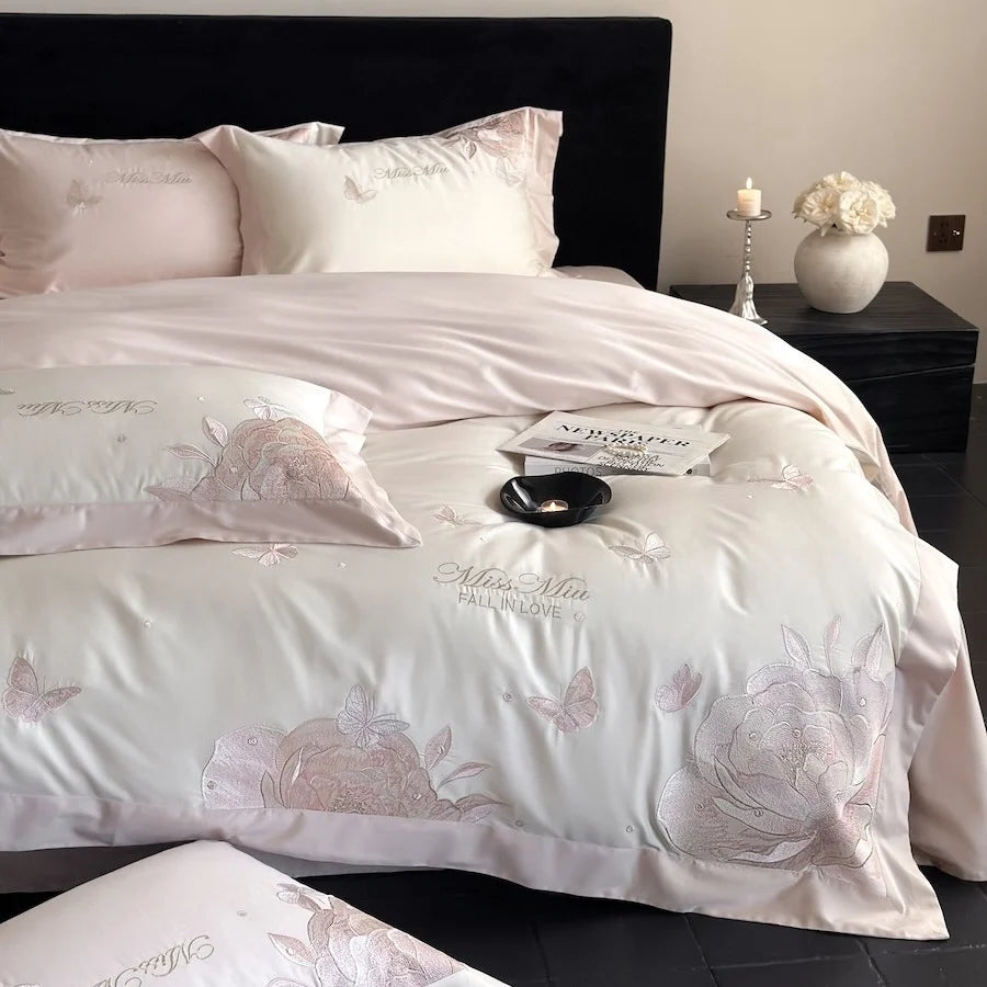 Duvet Cover Set Satin Embroidered Rose & Butterfly