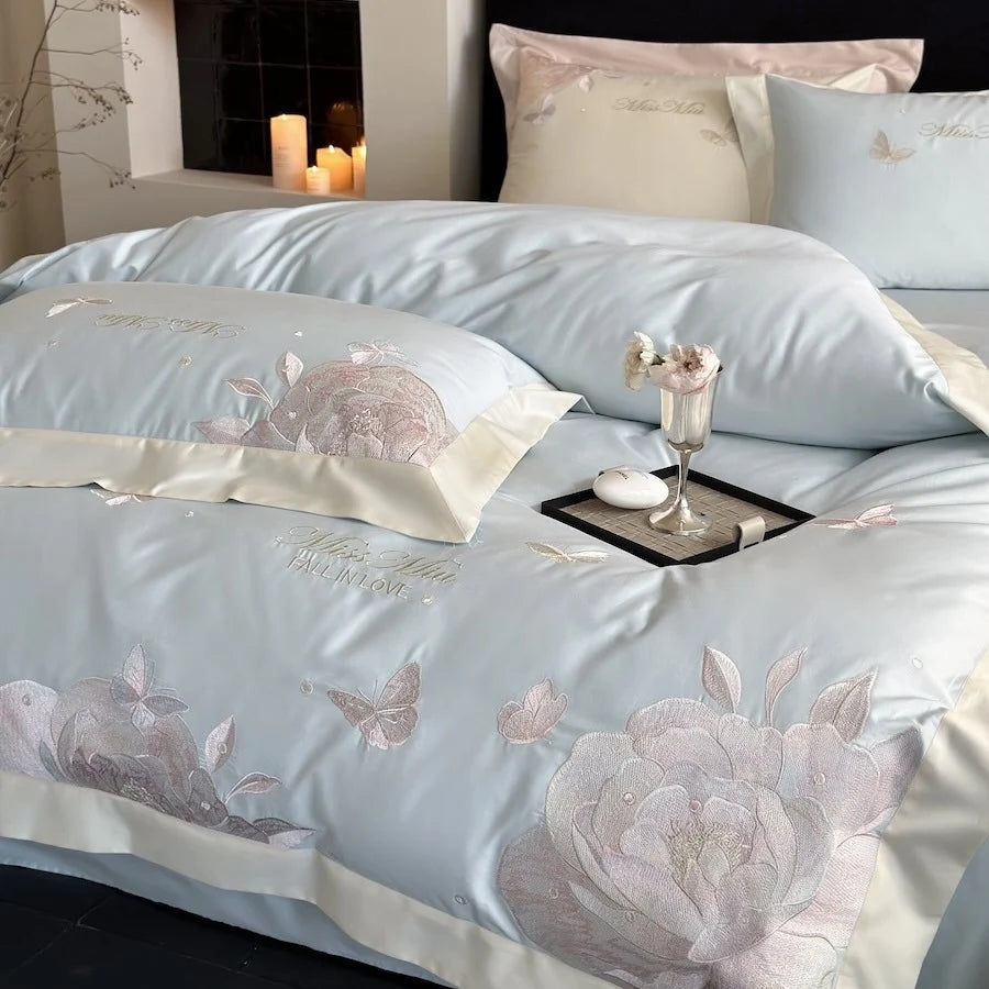 Duvet Cover Set Satin Embroidered Rose & Butterfly
