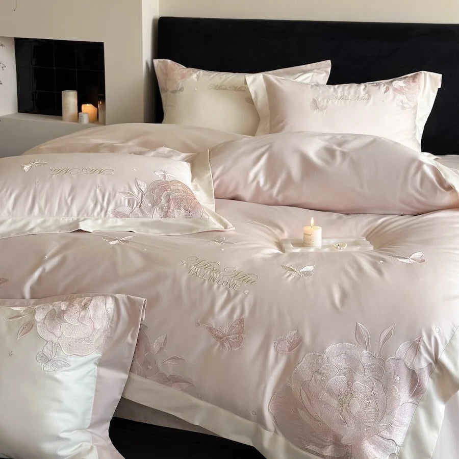 Duvet Cover Set Satin Embroidered Rose & Butterfly