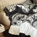 Duvet Cover Set Satin-Feel Floral Chiffon Ruffle 4-Piece