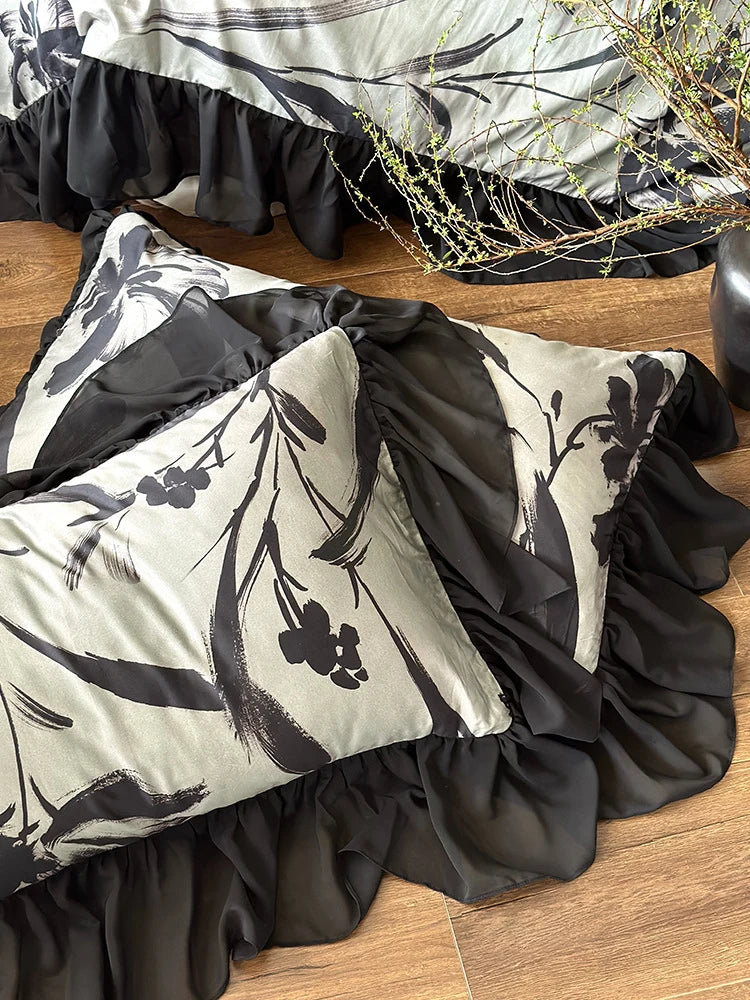 Duvet Cover Set Satin-Feel Floral Chiffon Ruffle 4-Piece