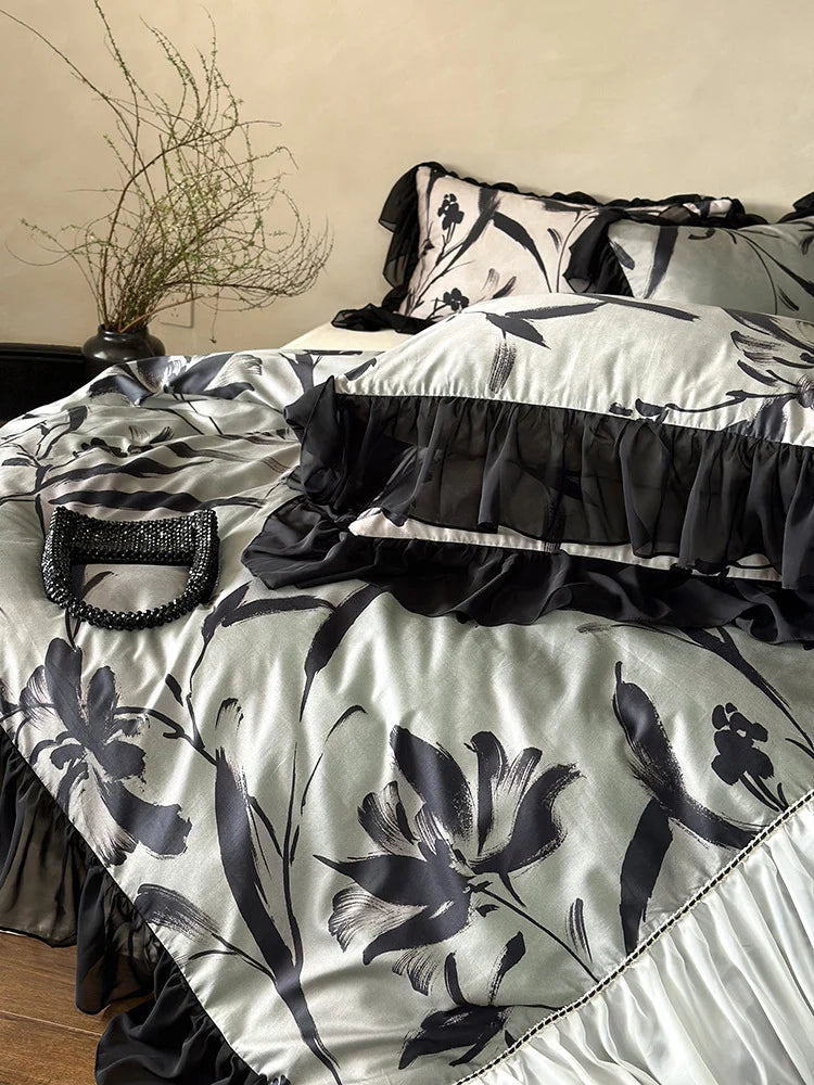 Duvet Cover Set Satin-Feel Floral Chiffon Ruffle 4-Piece