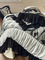 Duvet Cover Set Satin-Feel Floral Chiffon Ruffle 4-Piece