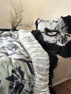 Duvet Cover Set Satin-Feel Floral Chiffon Ruffle 4-Piece