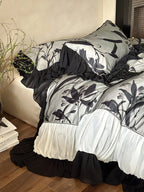 Duvet Cover Set Satin-Feel Floral Chiffon Ruffle 4-Piece