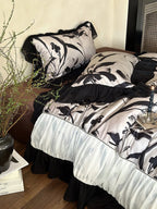 Duvet Cover Set Satin-Feel Floral Chiffon Ruffle 4-Piece