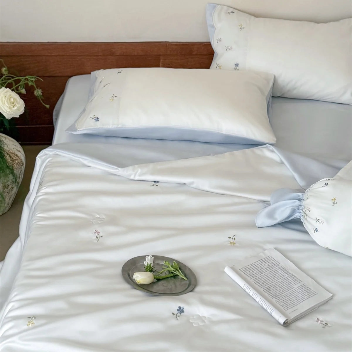 Duvet Cover Set Satin Floral Embroidery & Hidden Zipper