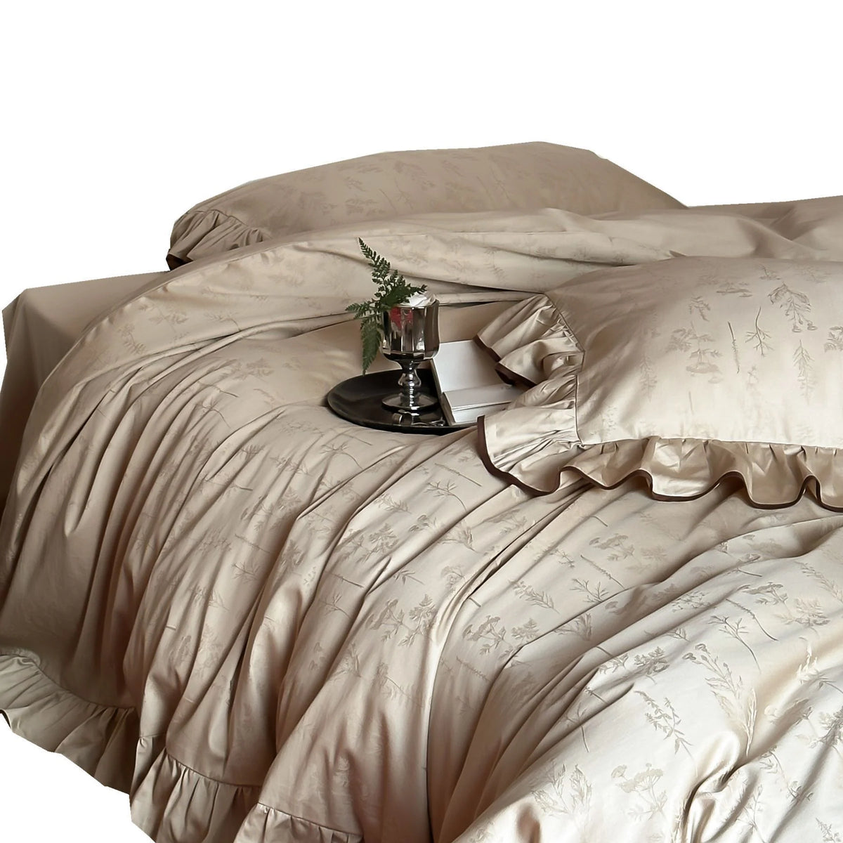 Duvet Cover Set Satin Floral Jacquard Contrast Piping 4-Piece