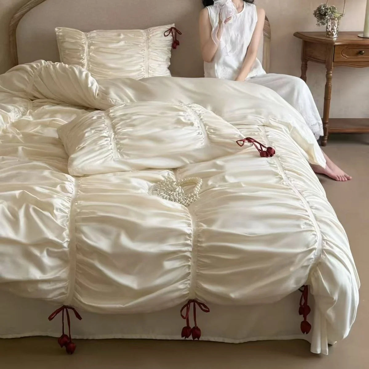 Duvet Cover Set Satin Gathered Tassel Trim
