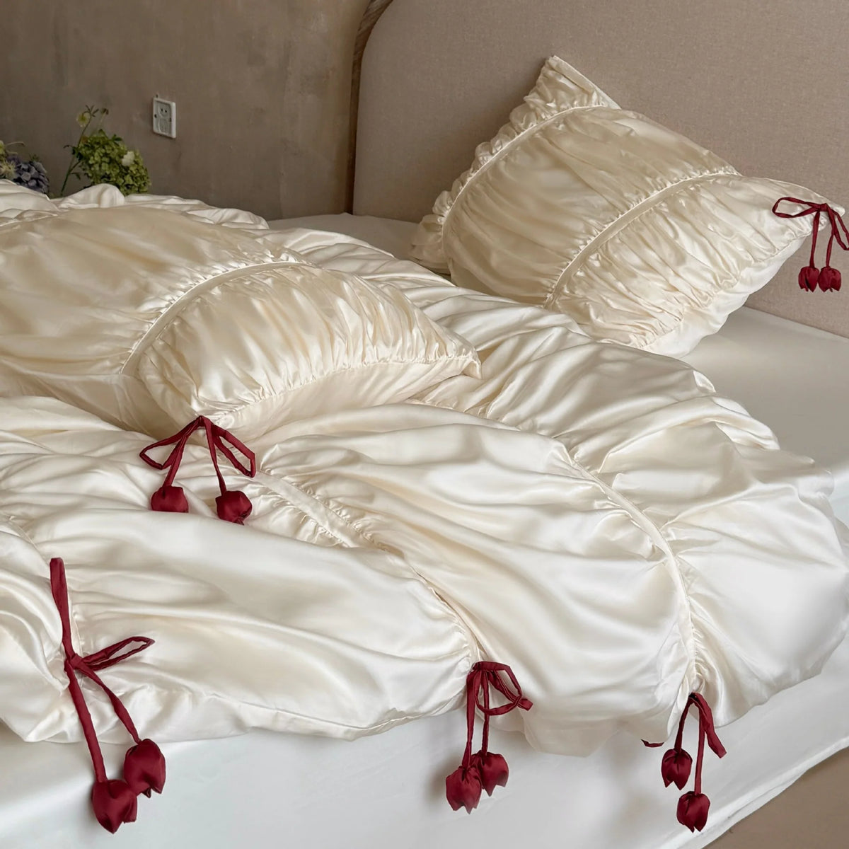Duvet Cover Set Satin Gathered Tassel Trim