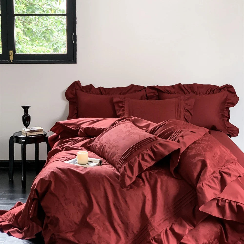 Duvet Cover Set Satin Jacquard Relief & Ruffle Trim