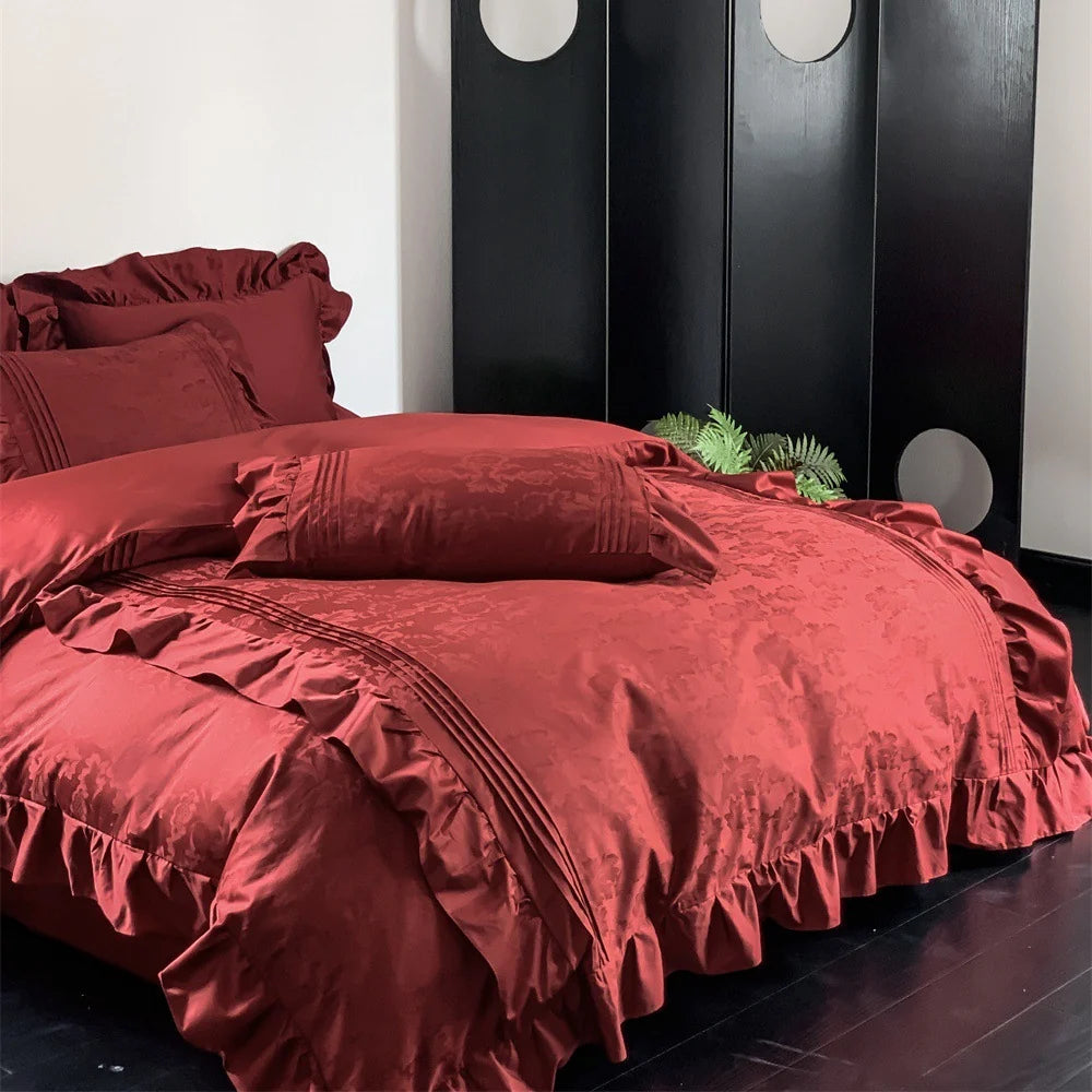 Duvet Cover Set Satin Jacquard Relief & Ruffle Trim