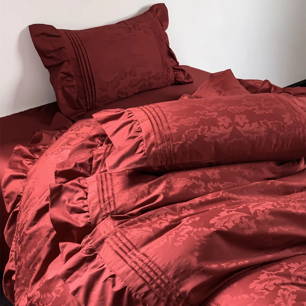 Duvet Cover Set Satin Jacquard Relief & Ruffle Trim