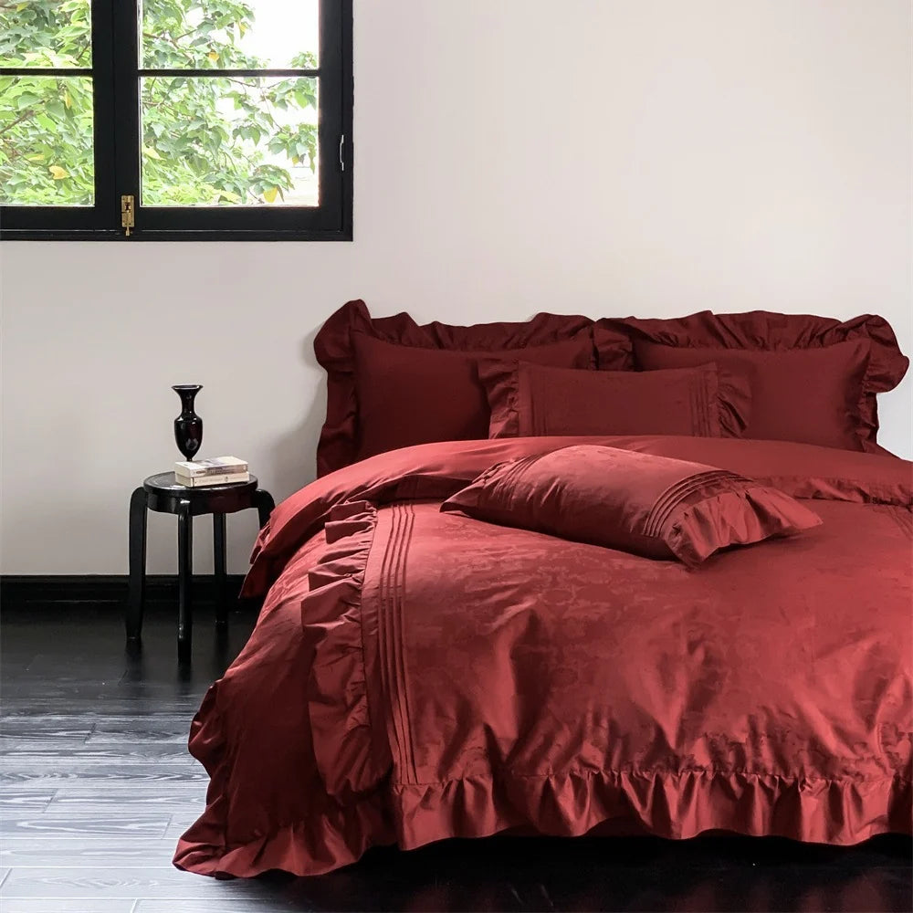 Duvet Cover Set Satin Jacquard Relief & Ruffle Trim