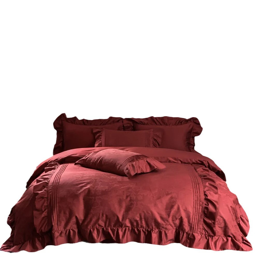 Duvet Cover Set Satin Jacquard Relief & Ruffle Trim