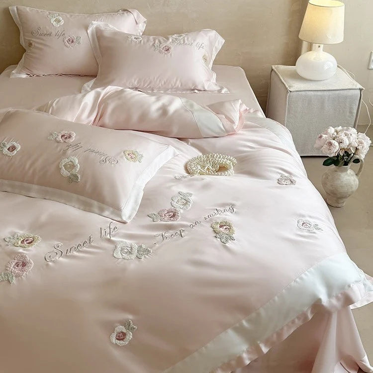 Duvet Cover Set Satin Rose Embroidery Set of 4