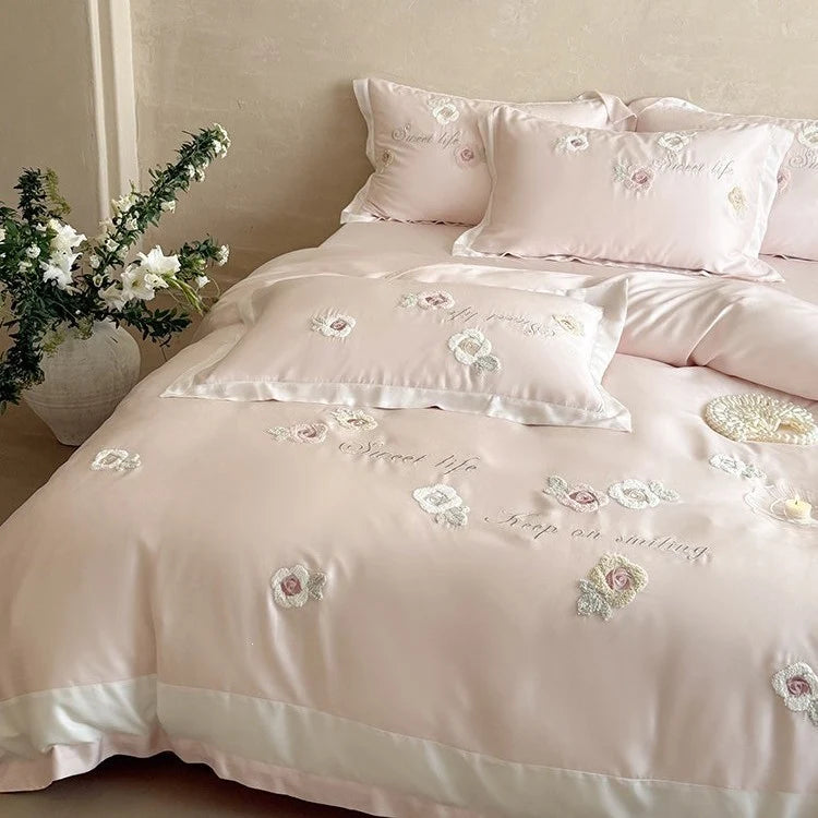 Duvet Cover Set Satin Rose Embroidery Set of 4