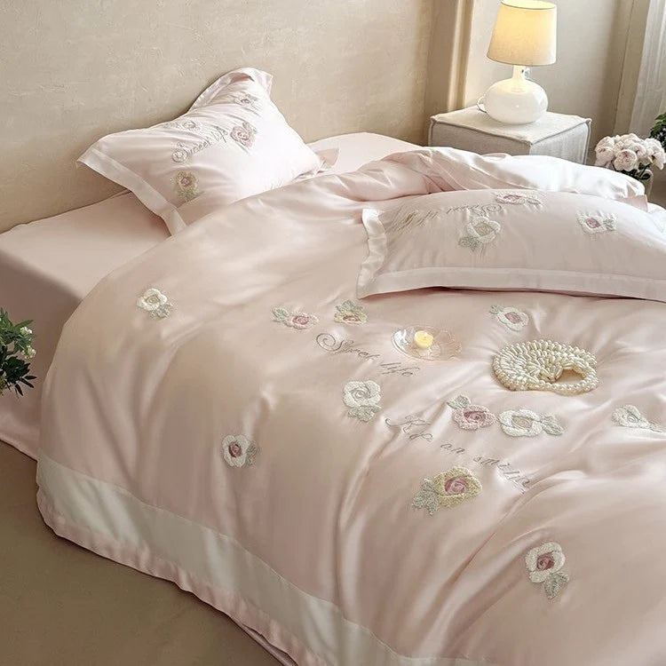 Duvet Cover Set Satin Rose Embroidery Set of 4