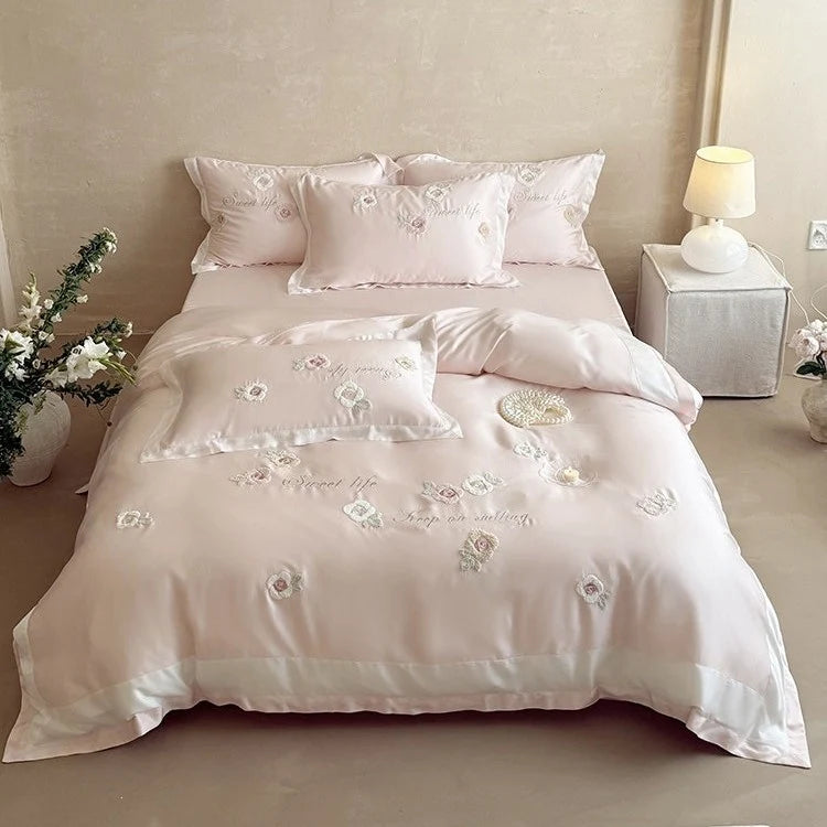 Duvet Cover Set Satin Rose Embroidery Set of 4