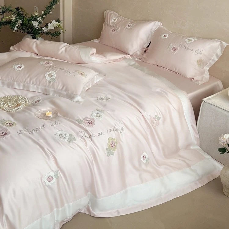 Duvet Cover Set Satin Rose Embroidery Set of 4