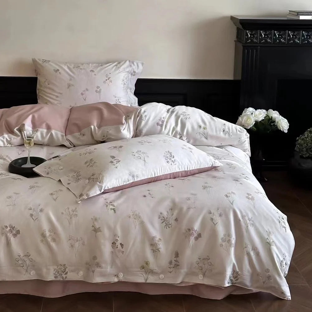 Duvet Cover Set Satin Rose Print Button Placket