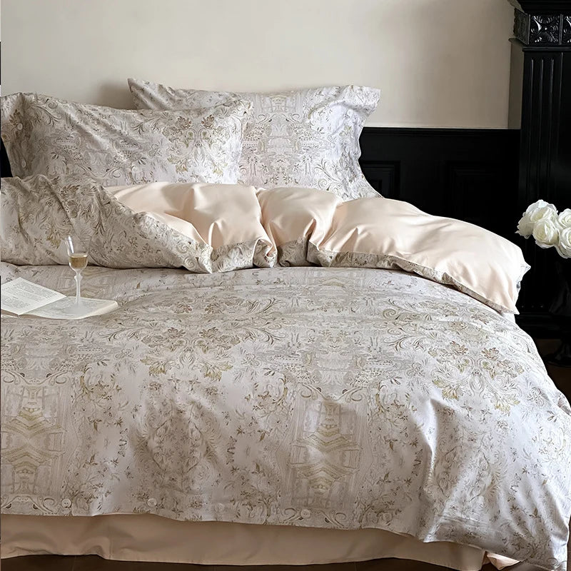 Duvet Cover Set Satin Rose Print Button Placket