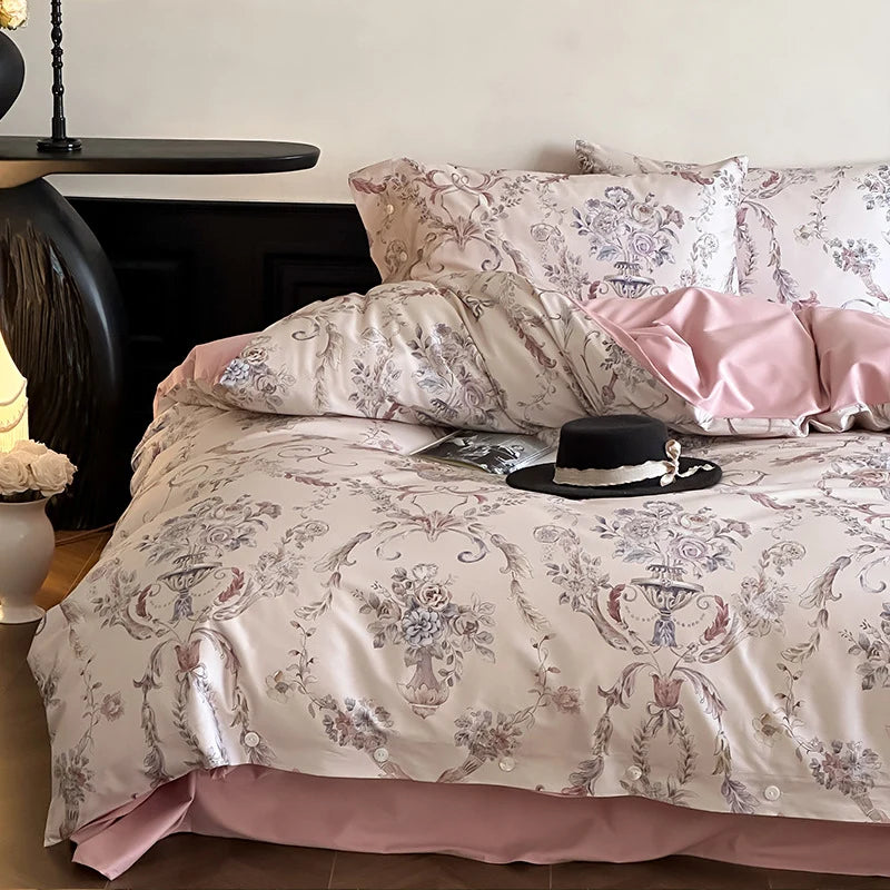 Duvet Cover Set Satin Rose Print Button Placket