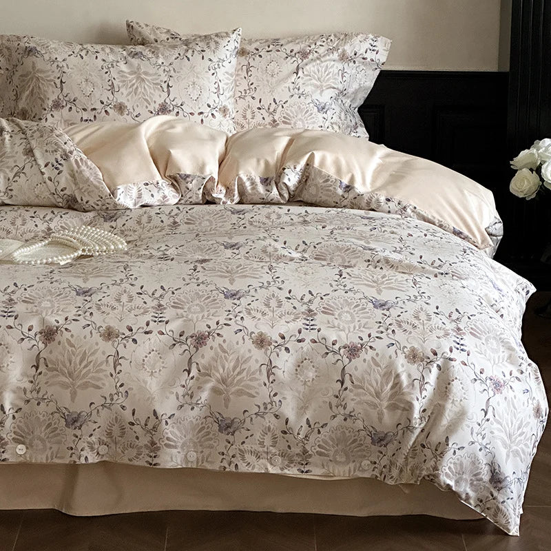 Duvet Cover Set Satin Rose Print Button Placket