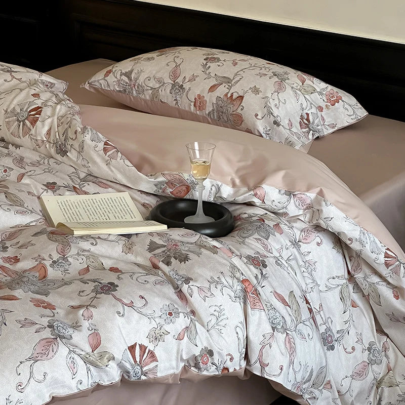 Duvet Cover Set Satin Rose Print Button Placket