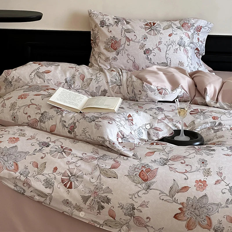 Duvet Cover Set Satin Rose Print Button Placket