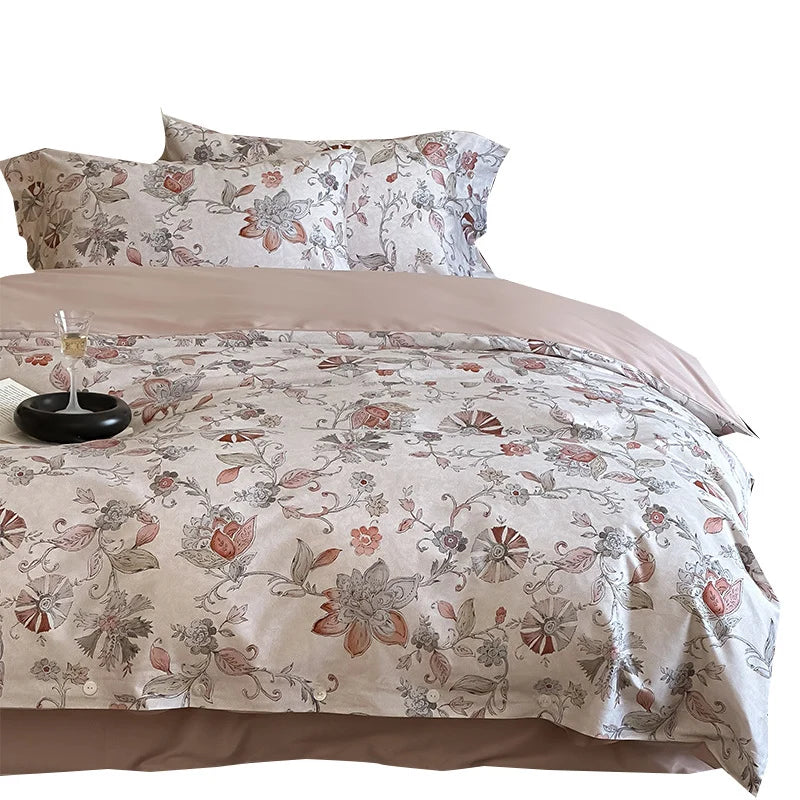 Duvet Cover Set Satin Rose Print Button Placket