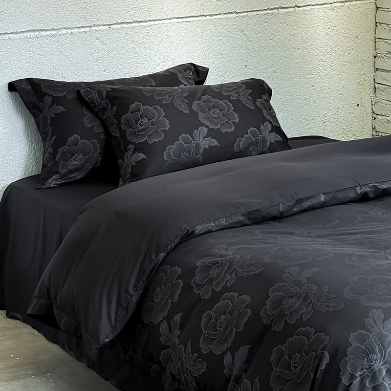 Duvet Cover Set Satin Tone-On-Tone Floral Jacquard 4-Piece