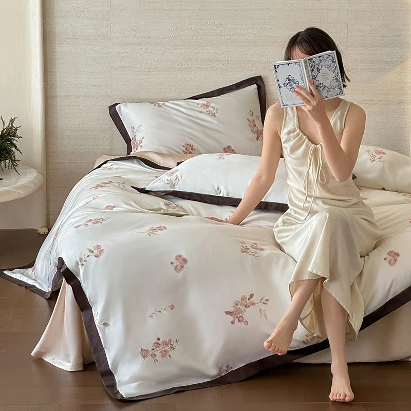 Duvet Cover Set Silky Satin Embroidered 4-Piece